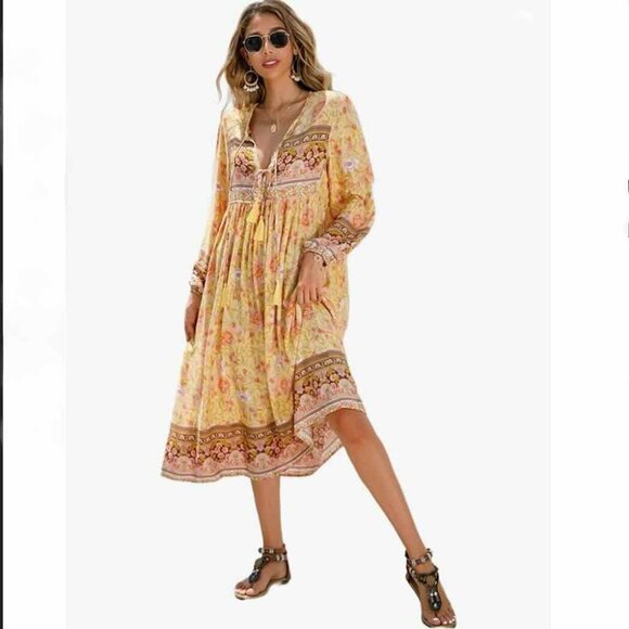 R.Vivimos Women Long Sleeve Floral V Neck Tassel Boho Festival Dress M, Sz 8, 10 - Picture 1 of 13